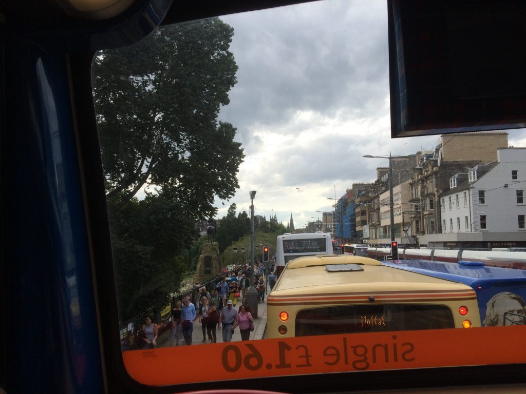 Double decker bus view of Edinburgh's downtown