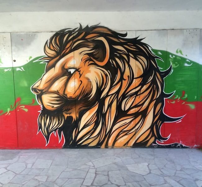 The Bulgarian flag with a lion in the underpass between the two halves of the Plovdiv walk