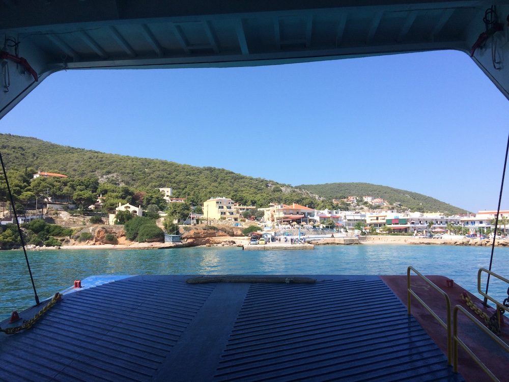 The view of Skala, Agistri from the bowels of the ferry boat
