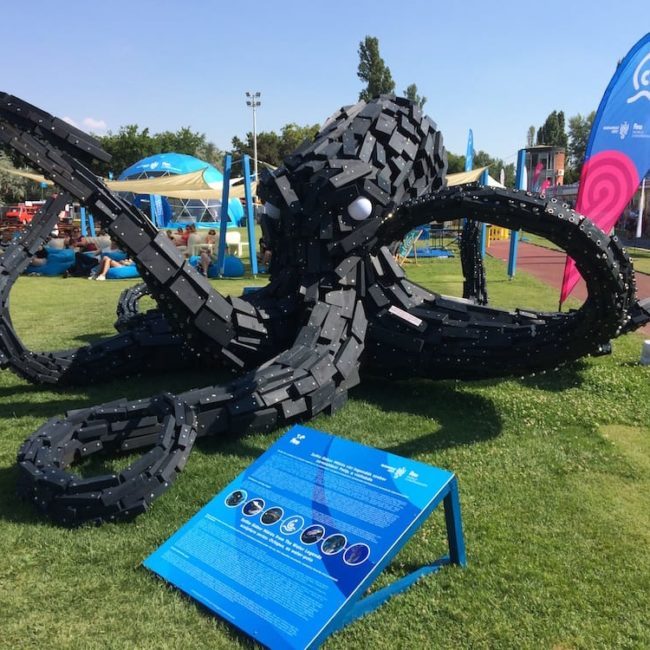 An octopus at the FINA 2017 Fan Zone, made of water polo training weights