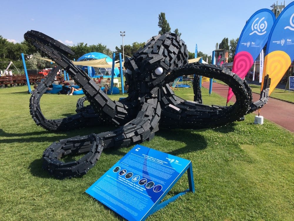 An octopus at the FINA 2017 Fan Zone, made of water polo training weights