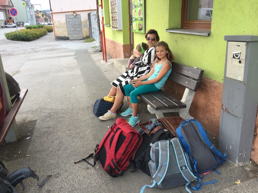 Svaty Jan Pod Skalu, us waiting for bus #2 to get to our weekend hotel