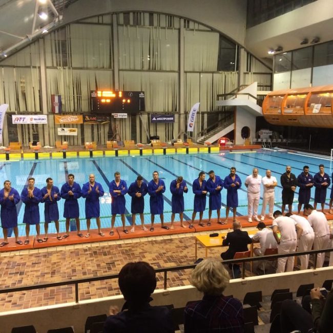 Two Croatian champion’s league water polo teams stand for their introductions