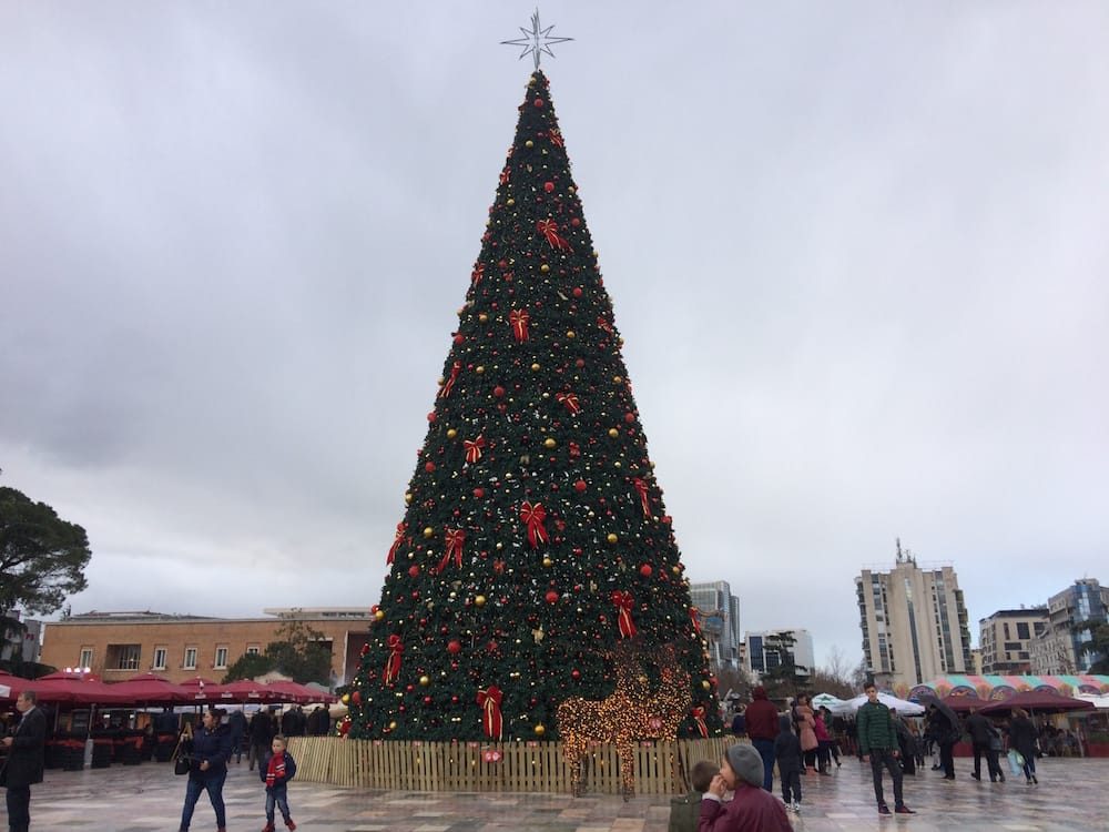 Look at this gigantic Christmas tree in Skanderberg Square!