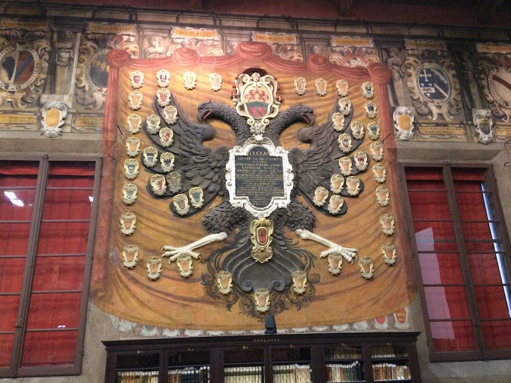 A detailed coat of arms at the Another look at the lecturer's stand at the Archiginnasio of Bologna