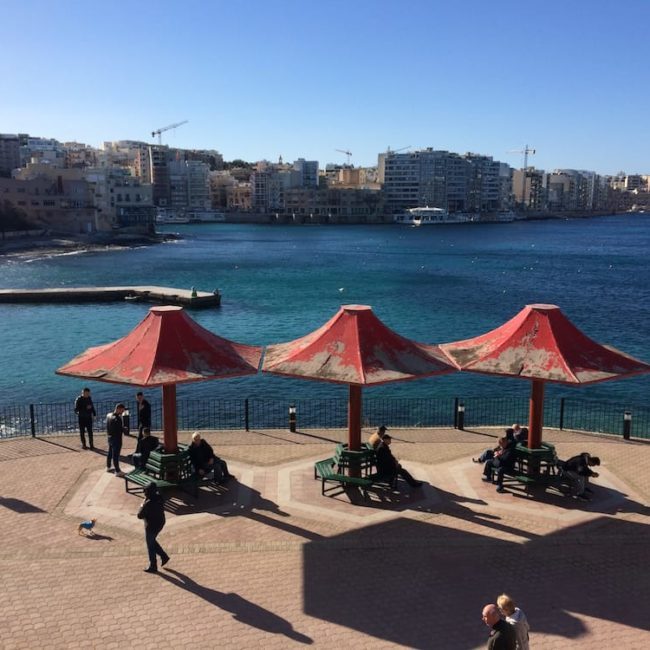 The Sliema beach has three interesting sunshades