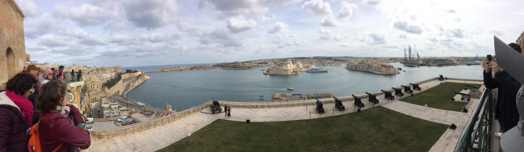 A panoramic view looking across St. Elmo Bay from the castle wall