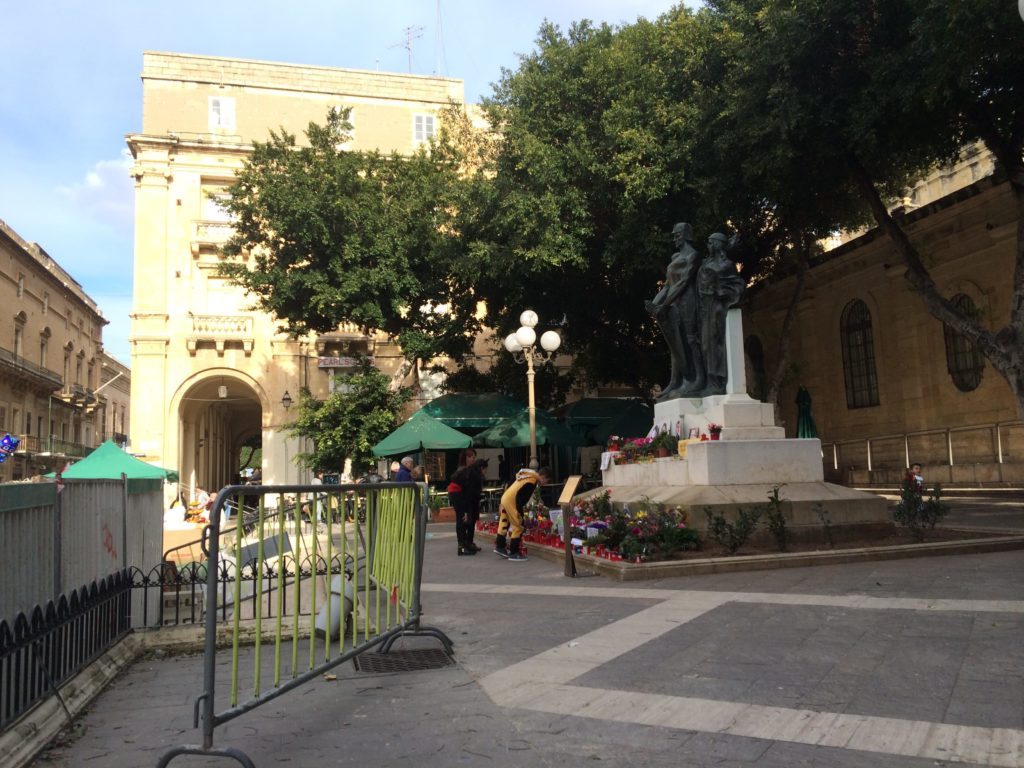 Triq ir-Repubblika, this statue commemorates a journalist killed investigating a dodgy bank in Malta