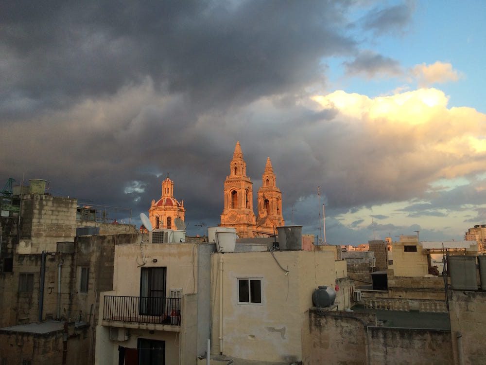 The church behind our apartment in Malta, parish church of Sacro Cuor, sunset