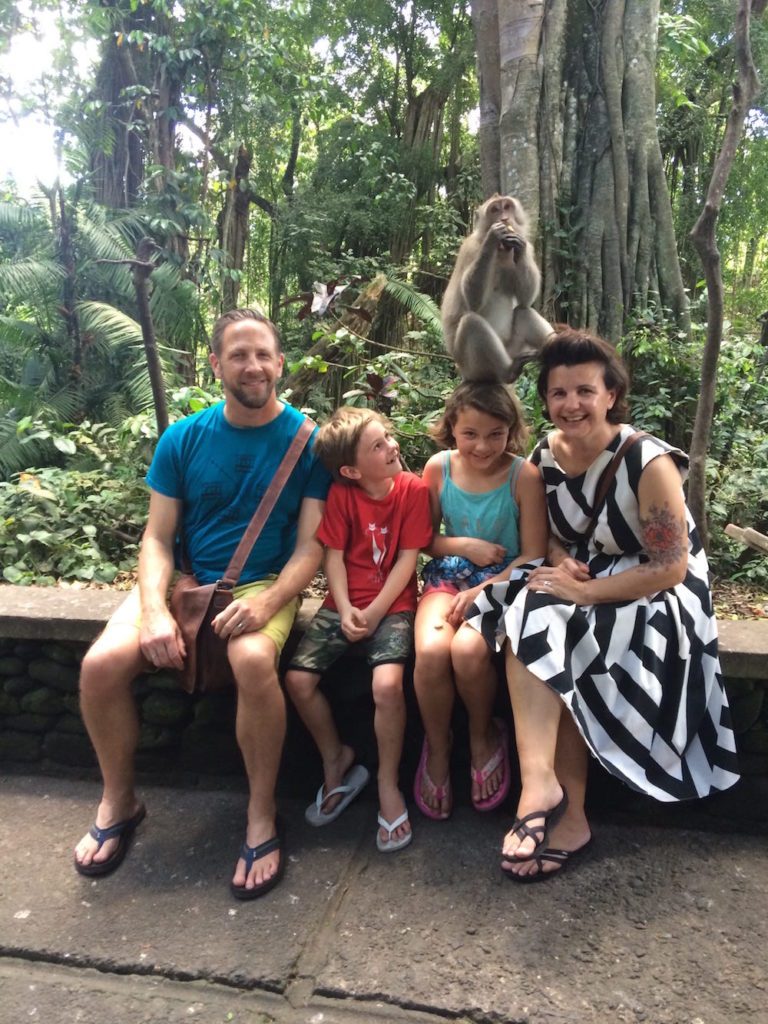 Us at the exit to the Monkey Forest, we bought some bananas and got photos taken of us and a monkey